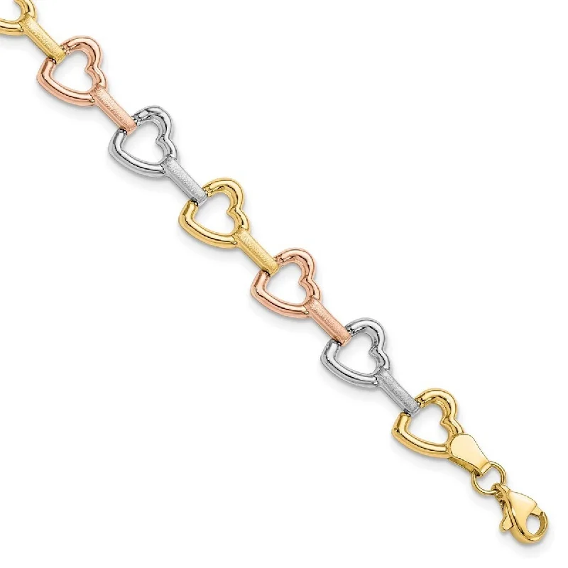 Lily motif bangles-Curata 10k Tri Color Gold Love Heart Link Bracelet 7.5 Inch