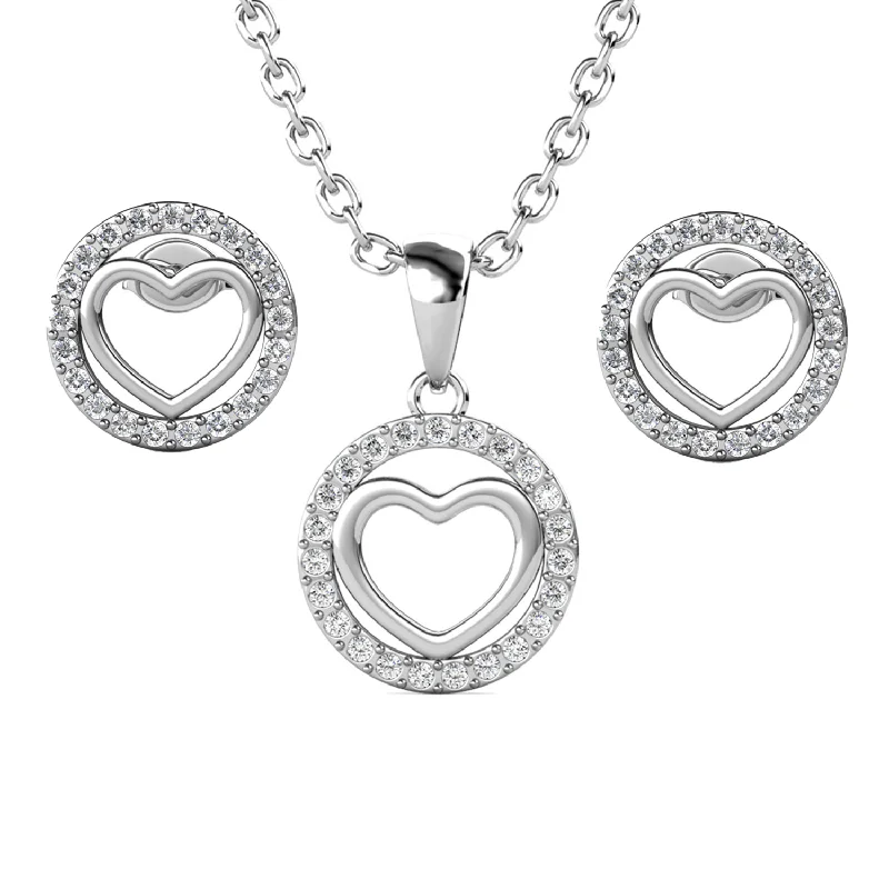 Leaf design necklaces-Khaleesi 18k White Gold Plated Silver Heart Necklace and Earring Set with Swarovski Crystals