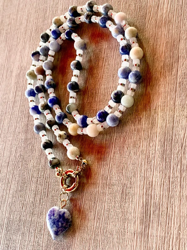 Wave pattern necklaces-Belinda Handmade Sodalite, Moonstone, and Silver Plated Hematite 30" Necklace with Sodalite Heart Pendant