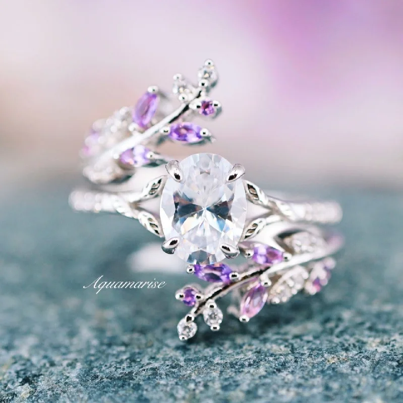 Pink gold engagement rings-Fairy Amethyst & Diamond Engagement Leaf Ring Set- 925 Sterling Silver