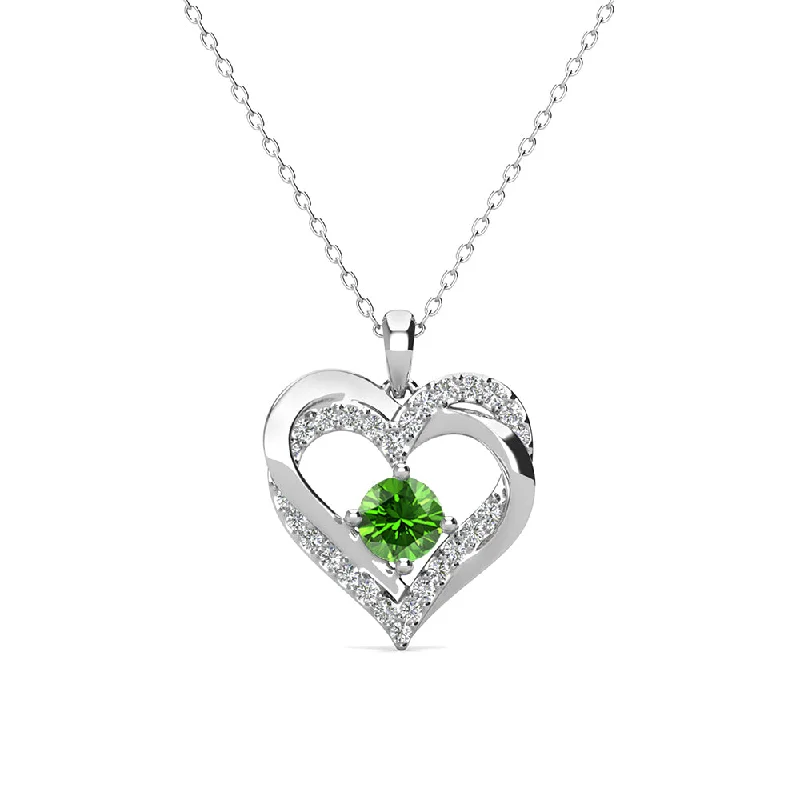 Wide bib necklaces-Forever August Birthstone 18k White Gold Plated Silver Double Heart Peridot Necklace with Swarovski Crystals