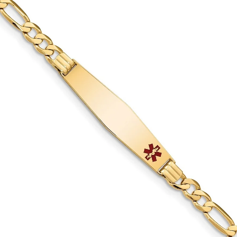 Polished bead bangles-Curata 14k Yellow Gold 9.5mm Engravable Medical Red Enamel Flat Figaro ID Bracelet