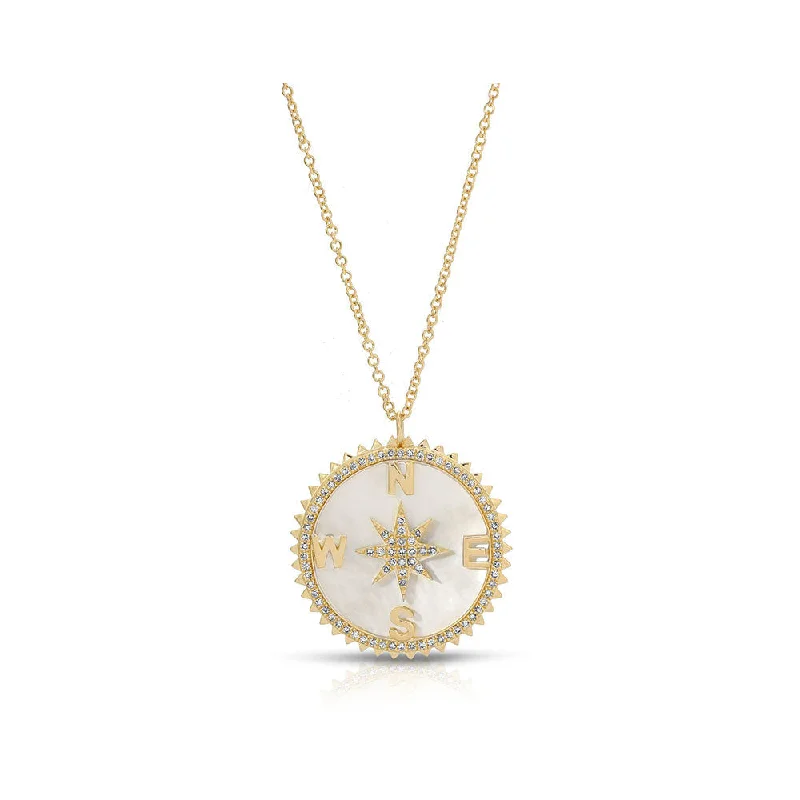 Wide link necklaces-14K Yellow Gold Mother of Pearl and Diamond Compass Necklace