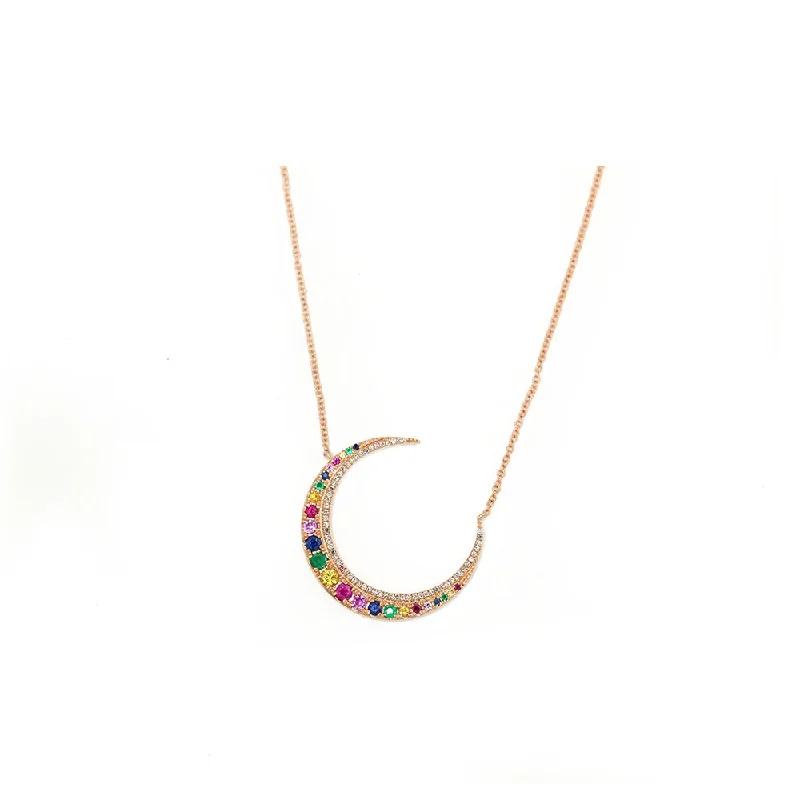 Yarn tassel necklaces-14k Rose Gold Rainbow Sapphire Crescent Necklace