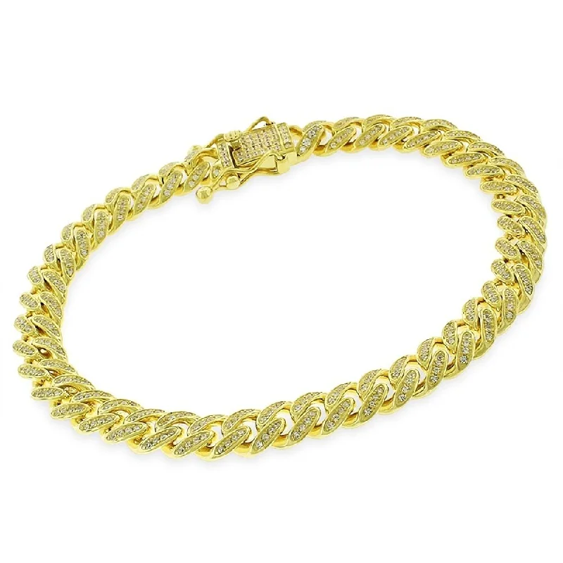 Chunky stone bangles-Sterling Silver 8.5mm Iced Out CZ Miami Cuban Solid 925 Yellow Gold Bling Bracelet Chain 8.75"