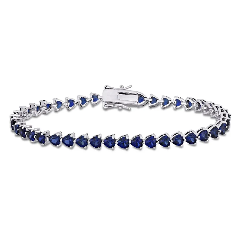 Bead charm bangles-Miadora 11.40ct TGW Heart Shape Created Blue Sapphire Tennis Bracelet in Sterling Silver