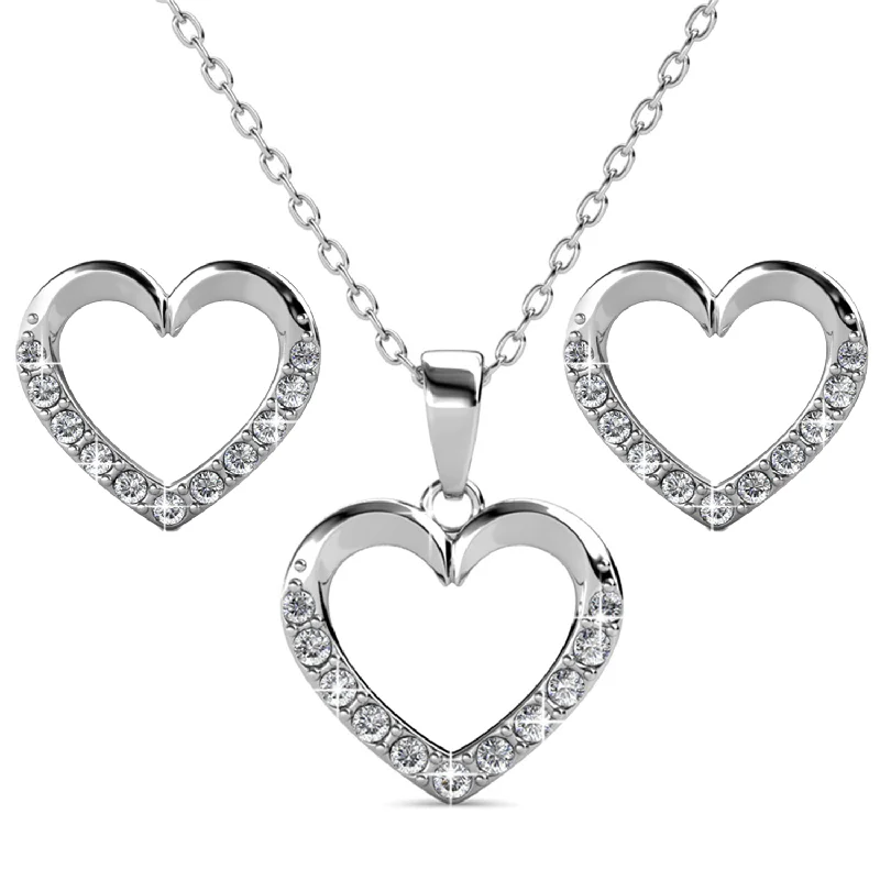 Quartz healing necklaces-Chelsea 18k White Gold Plated Silver Heart Necklace and Earring Set with Swarovski Crystals