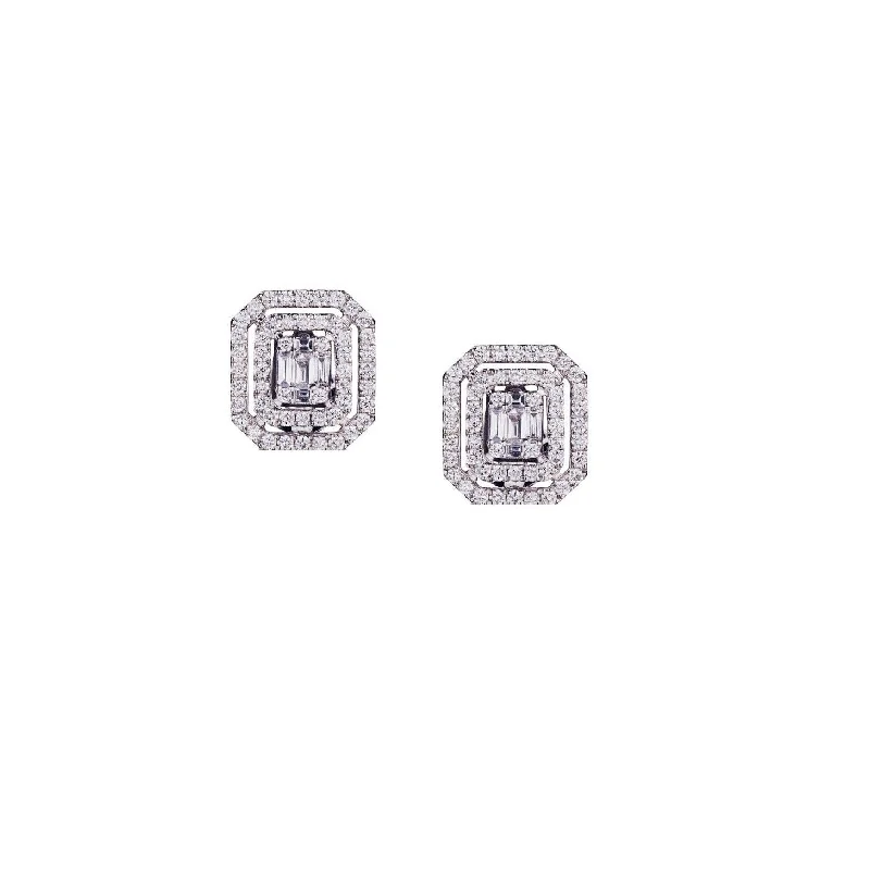 Curved design earrings-BAGUETTE & DOUBLE DIAMOND FRAME STUD EARRINGS