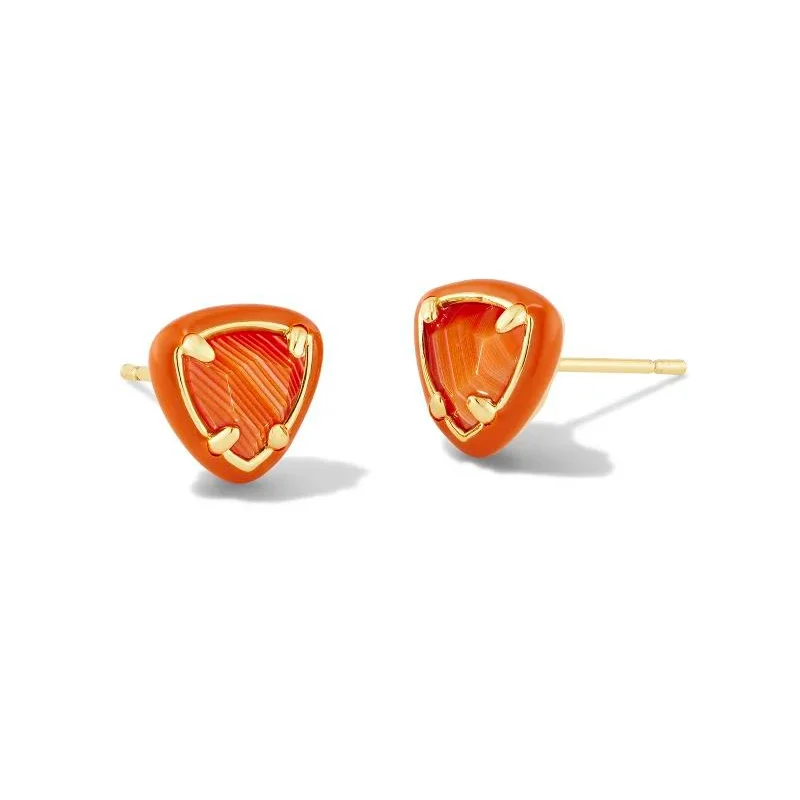 Flat badge earrings-Kendra Scott | Arden Gold Enamel Framed Stud Earrings in Orange Banded Agate