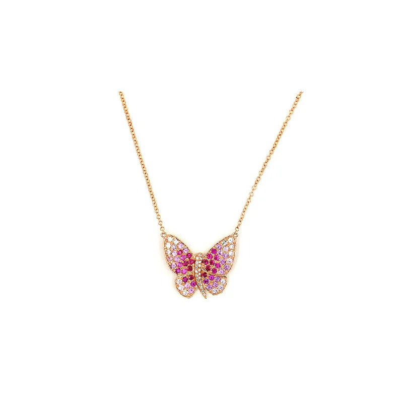 Polished gold necklaces-14k Rose Gold and Multi Color Pink Sapphire Butterfly Necklace