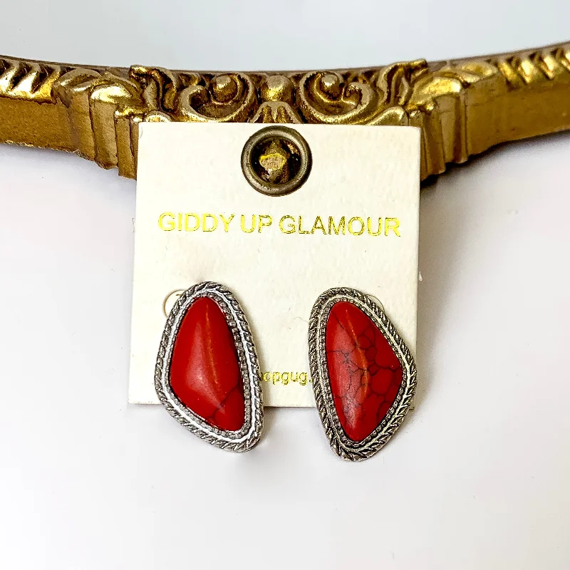 Pure gem earrings-Silver Tone Irregular Shaped Faux Stone Post Earrings in Dark Red