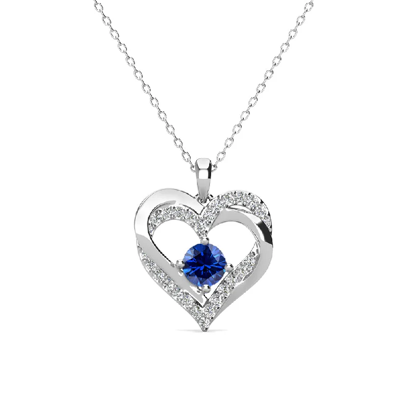 Joy charm necklaces-Forever September Birthstone 18k White Gold Plated Silver  Double Heart Sapphire Necklace with Swarovski Crystals