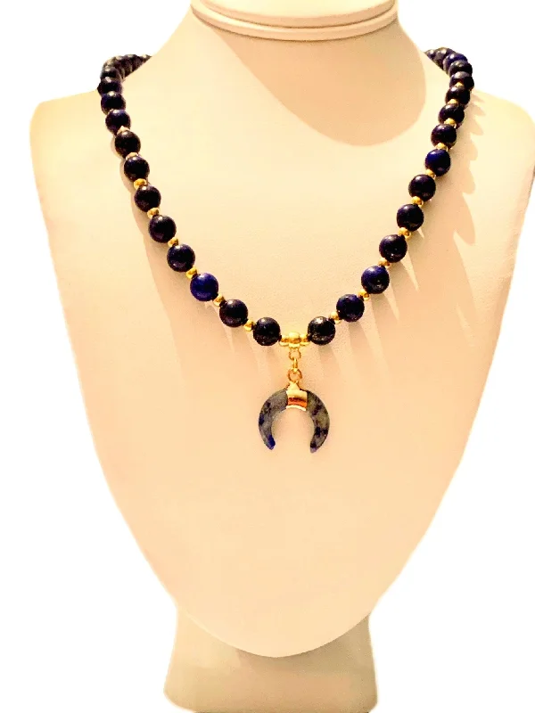 Layered link necklaces-Luria- Handmade Genuine Lapis Lazuli Beaded and Lapis Lazuli Moon Pendant Necklace