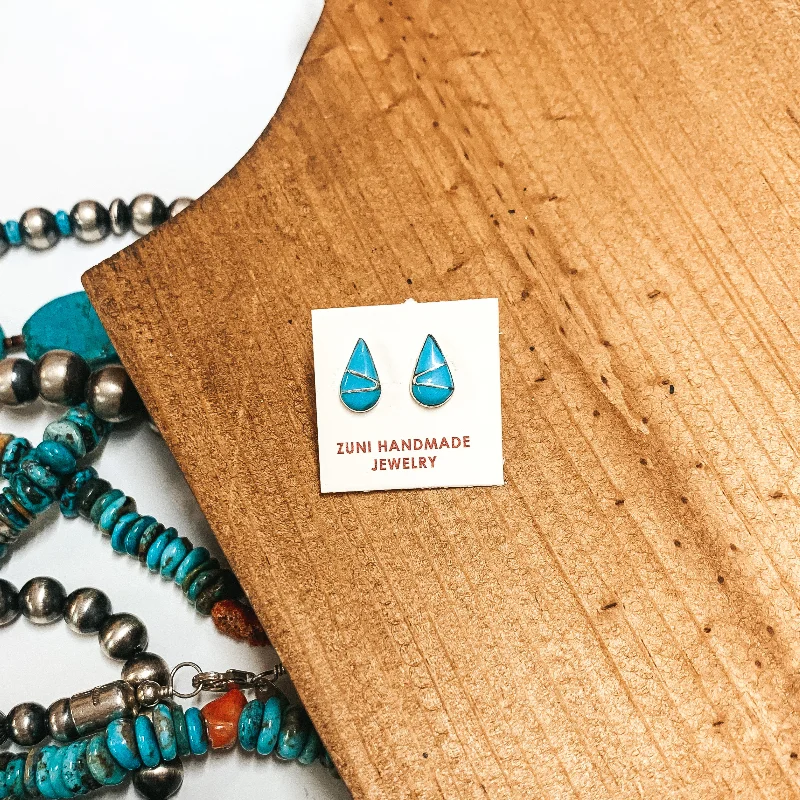 Bold statement earrings-Zuni | Zuni Handmade Sterling Silver Teardrop Stud Earrings in Turquoise