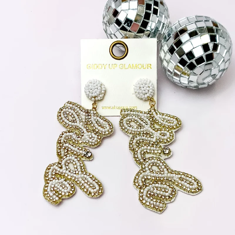 Coiled cord earrings-Beaded Bride Earrings with Clear Crystals in White