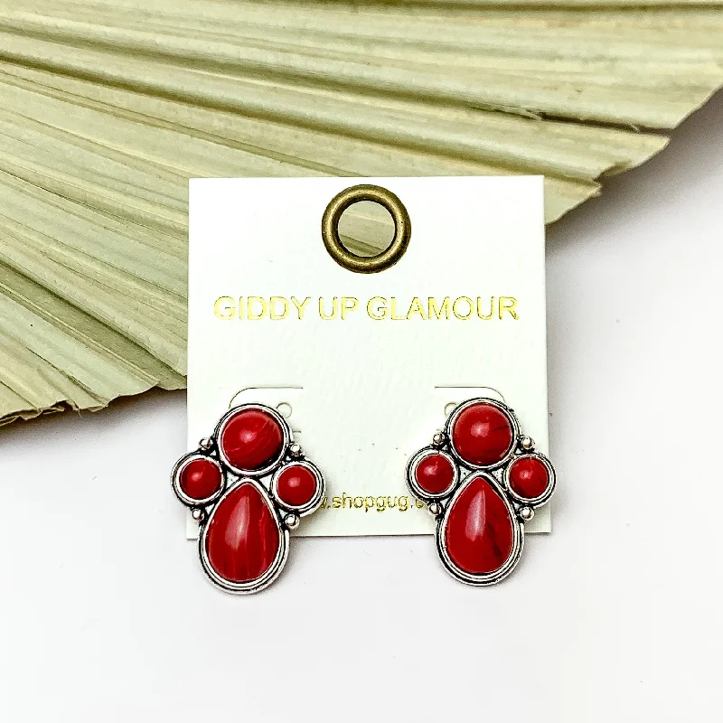 Aged medallion earrings-Silver Tone Cluster Stone Earrings in Red