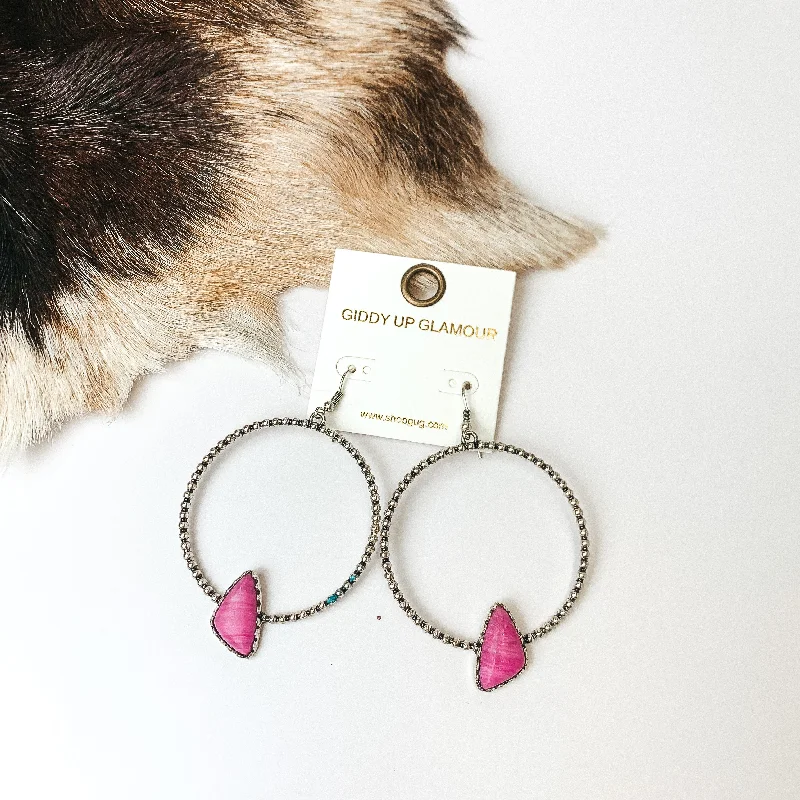 Agate stone earrings-Silver Tone Textured Hoop Earrings with Pink Stone