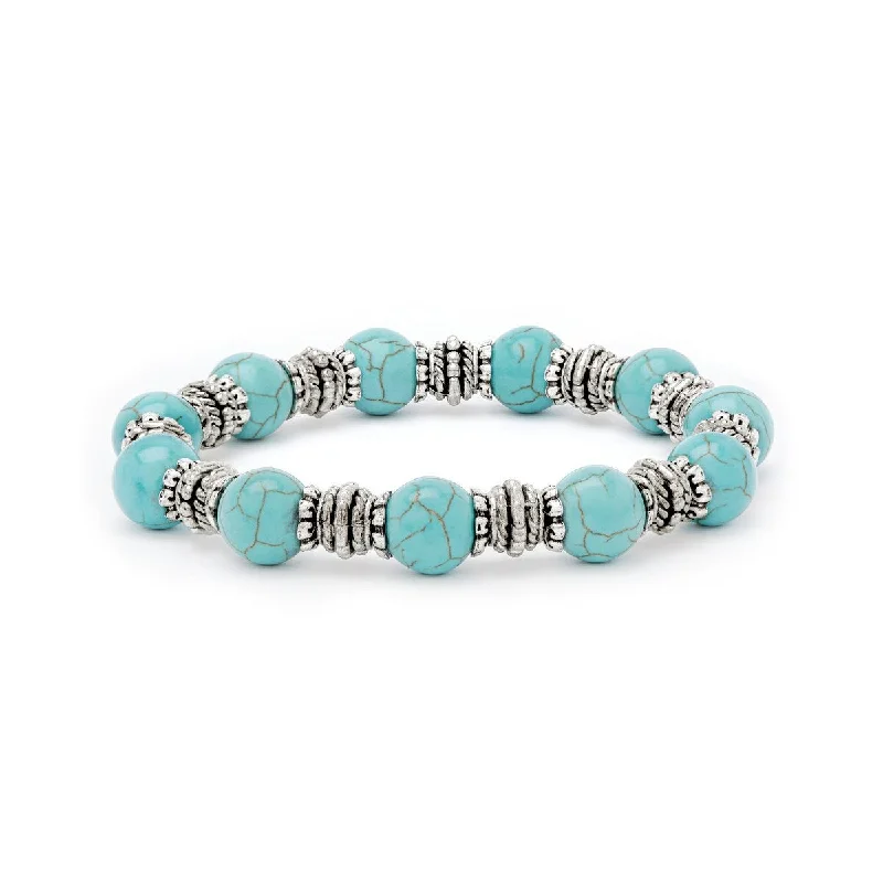 Heavy stone bangles-Silver Plated Simulated Turquoise Round Stretch Bracelet