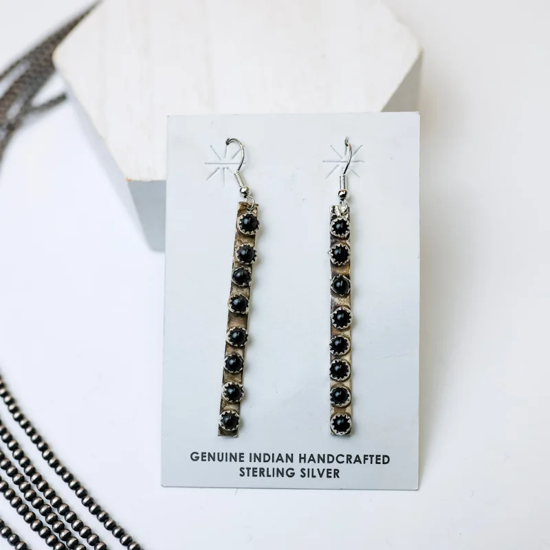 Whimsical pair earrings-Rick Enriquez | Navajo Handmade Sterling Silver Drop Earrings with Black Onyx Stones