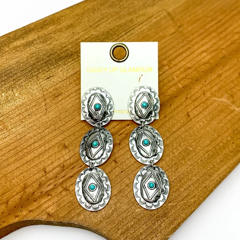 Lunar glow earrings-Three Tier Silver Tone and Turquoise Oval Dangle Earrings