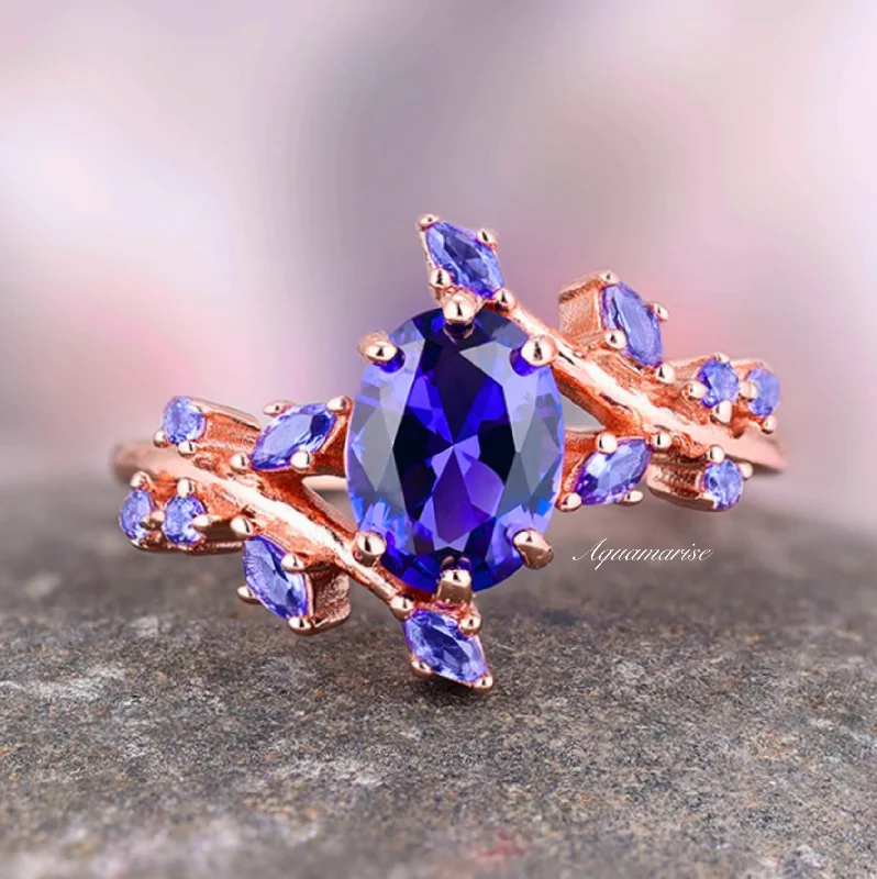 Princess cut engagement rings-Cornflower Sapphire Leaf Ring- 14K Solid Rose Gold