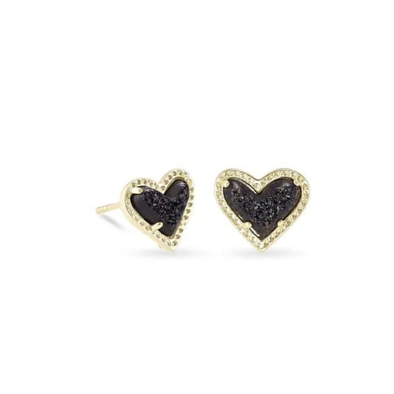 Rustic flair earrings-Kendra Scott | Ari Heart Gold Stud Earrings in Black Drusy