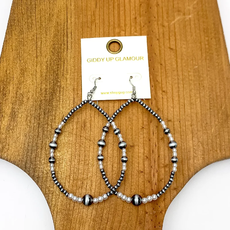 Bamboo style earrings-Open Teardrop Earrings With Faux Navajo Pearl Beads in Silver Tone and Pearl