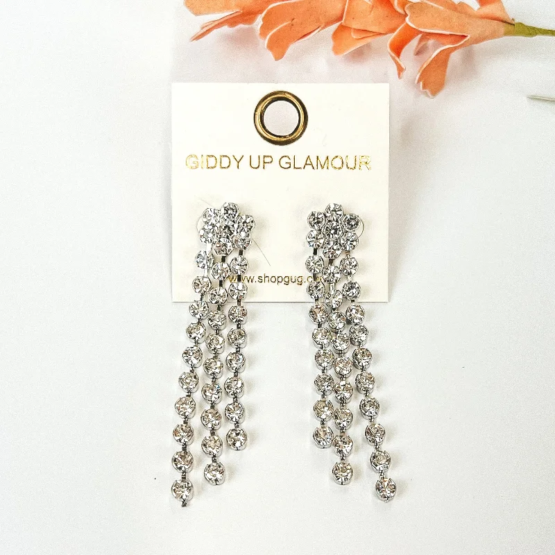 Curved design earrings-Night of Sparkles Tassel Earrings with Clear Crystals in Silver Tone