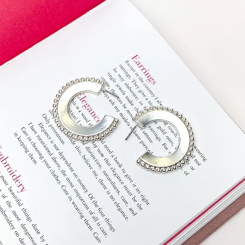 Pure stud earrings-Silver Tone Hoop Earrings with a Beaded Edge