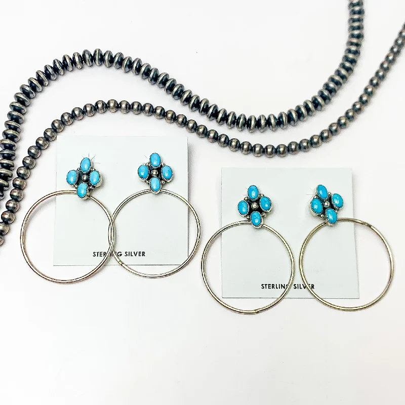 Tide motif earrings-Anthony Skeets | Navajo Handmade Sterling Silver Hoop Earrings with Four Stone Sleeping Beauty Turquoise Cluster Studs