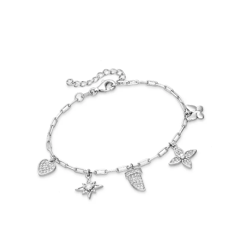 Bold geometric bangles-Sterling Silver & Cubic Zirconia Pave Floral Star Heart Charm Bracelet