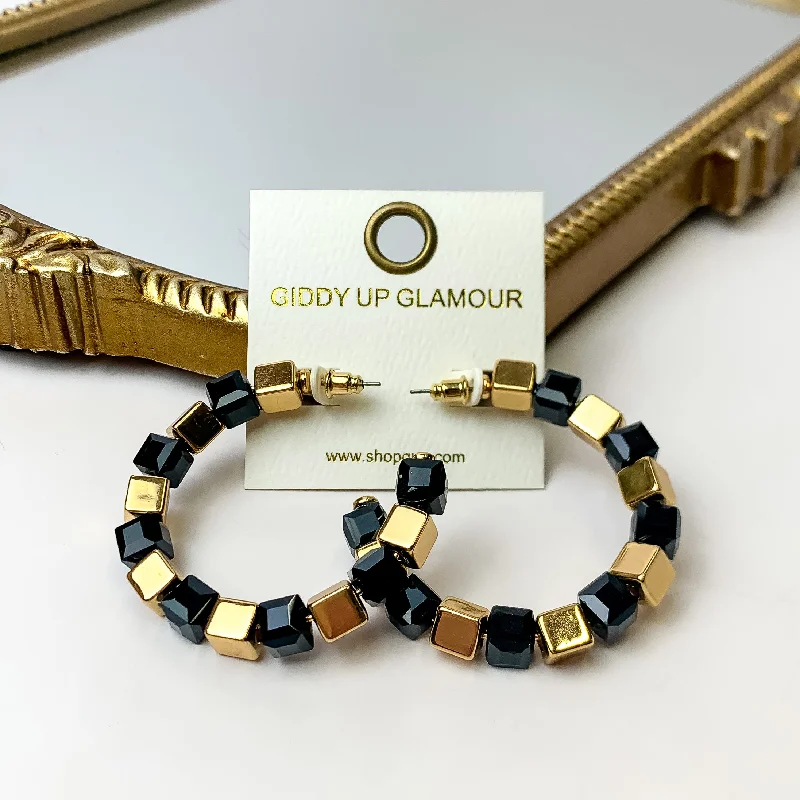 Flat badge earrings-Cubed Elegance Beaded Hoop Earring in Gold and Black