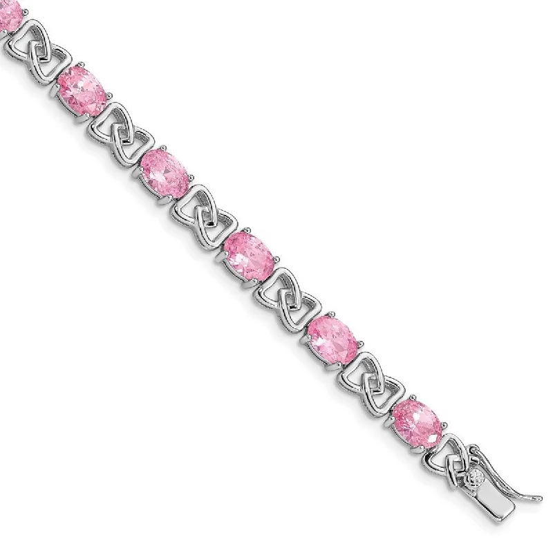 Fiber wrap bangles-Curata 925 Sterling Silver Polished Safety bar Pink CZ Cubic Zirconia Simulated Diamond Bracelet 7 Inch Box Clasp