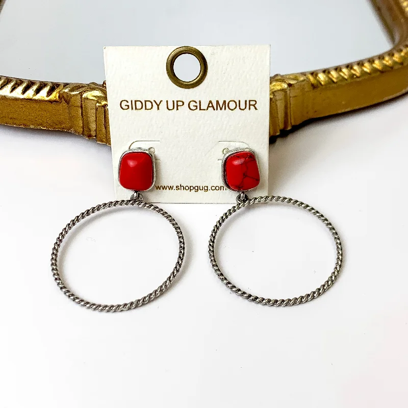 Solid ring earrings-Soulful Look Circle Drop and Stone Post Silver Earrings in Red