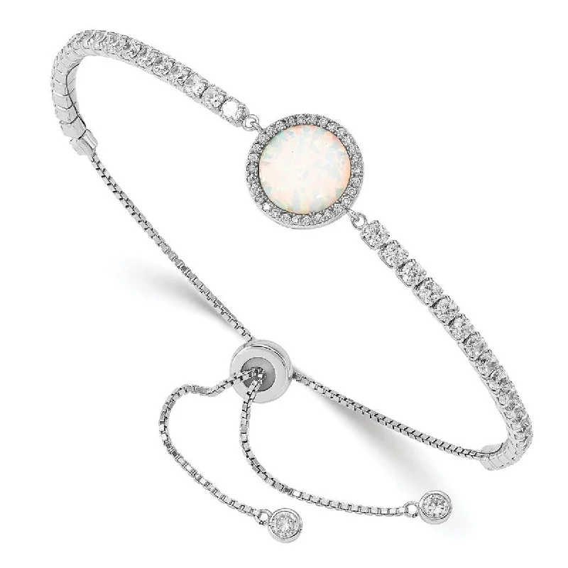 Pink gold bangles-Curata 925 Sterling Silver Rhodium Plated Lab Simulated Opal and Cubic Zirconia Adjustable Bracelet