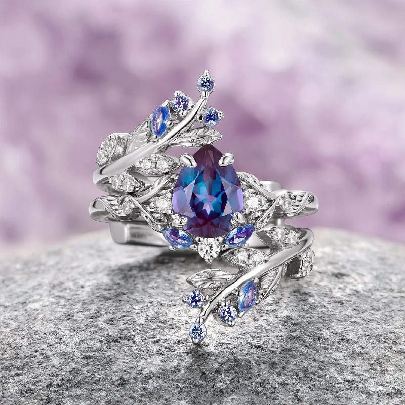 Light clay engagement rings-Wisteria Alexandrite Fairy Leaf Ring- 14K White Gold (Two Piece)