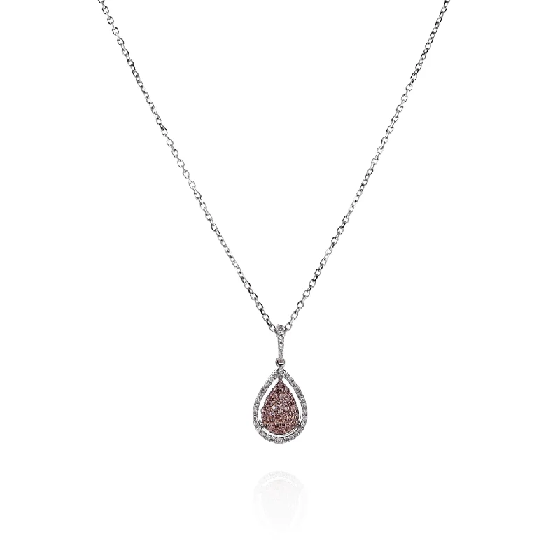 Oval shape necklaces-18k White Gold Pear Shaped Pink and White Diamond Halo Pendant Necklace