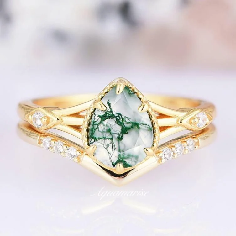 Pink gold engagement rings-Celtic Green Moss Agate Ring Set- 14K Solid Yellow Gold