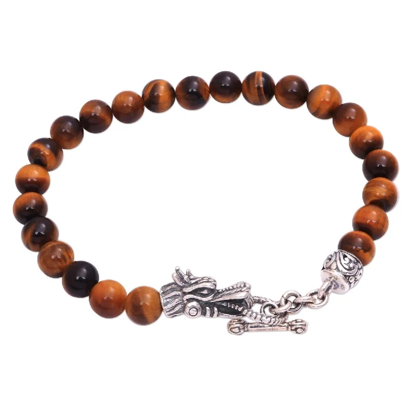 Textured metal bangles-NOVICA Dragon Pride in Brown, Men's tiger's eye beaded bracelet