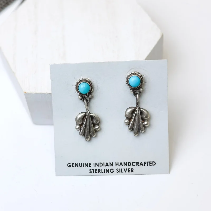 Sleek art earrings-Annie Spencer | Navajo Handmade Sterling Silver Dainty Ornate Earrings with Kingman Turquoise