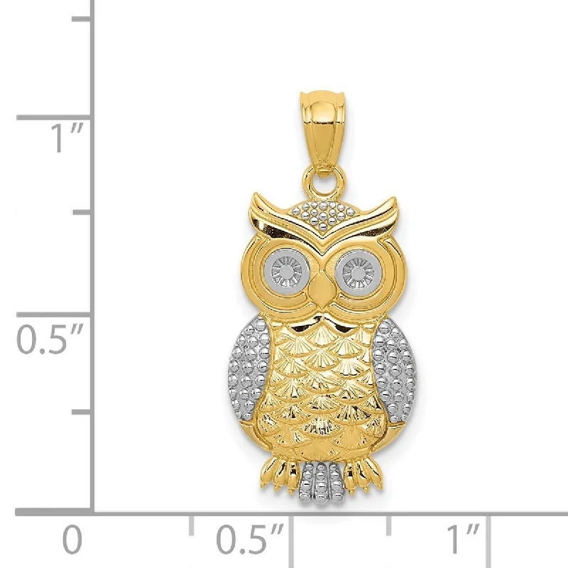 Fine bead necklaces-Curata 14k Yellow Gold and Rhodium 18" 22.2x12mm Textured Wise Owl Necklace