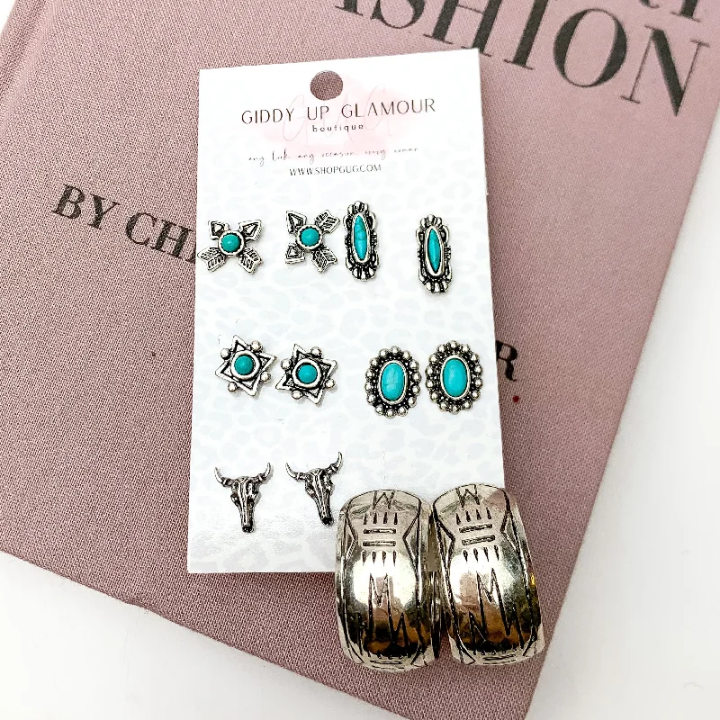 Vine pattern earrings-Set of Six | Turquoise Blue and Silver Tone Western Design Stud Earrings