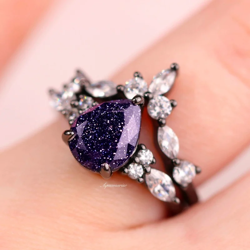 Retro style engagement rings-Evelyn Starry Night Ring Set- Black Rhodium Filled