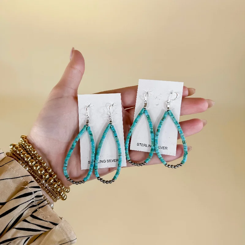 Topaz earrings-Corraine Smith | Navajo Handmade Turquoise Beaded Teardrop Earrings with Sterling Silver Navajo Pearls