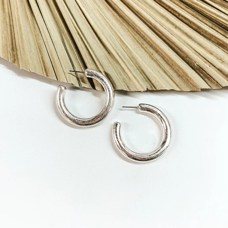 Curved design earrings-Clean Slate Medium Hoop Earrings in Worn Silver Tone