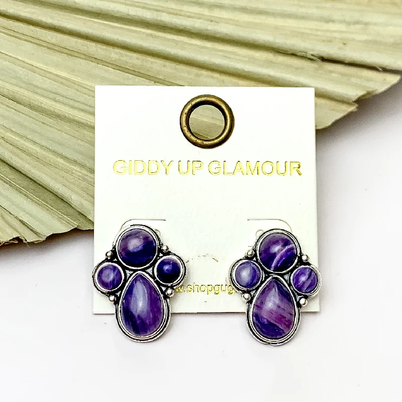 Nomad braid earrings-Silver Tone Cluster Stone Earrings in Purple