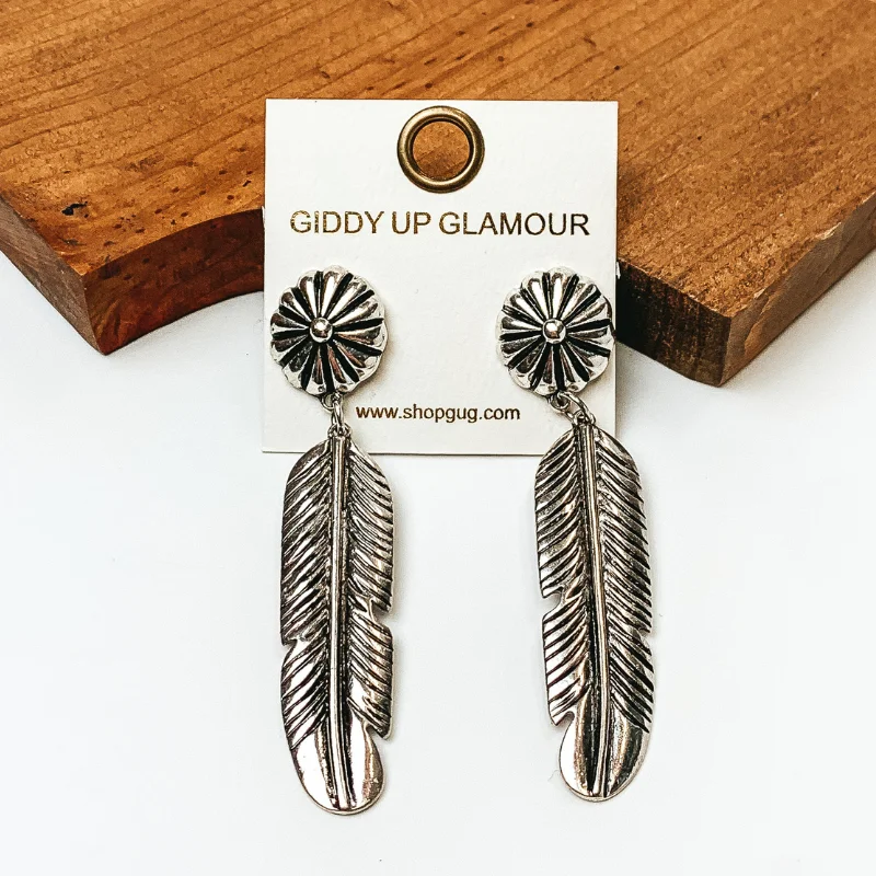 Bright stud earrings-Concho Feather Drop Earrings in Silver