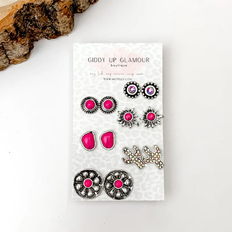 Whimsical pair earrings-Set Of Six | Western Flowers Fuchsia Pink and Silver Tone Stud Earrings