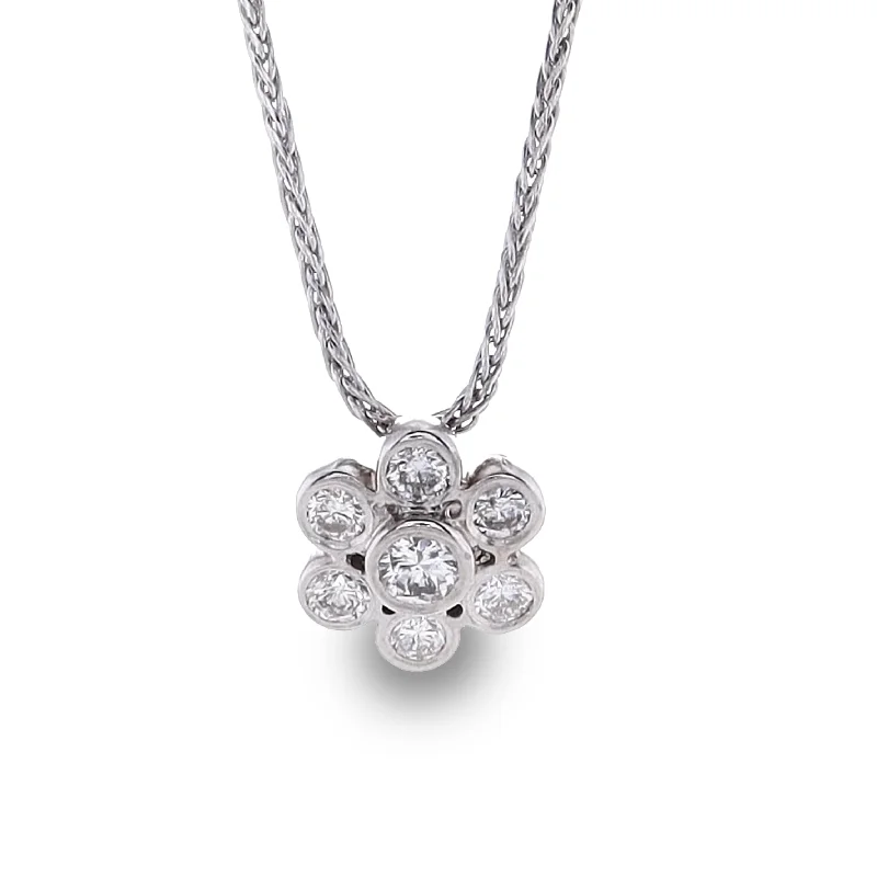 Java style necklaces-Estate 14k White Gold Bezel Set Floral Design Diamond Pendant Necklace