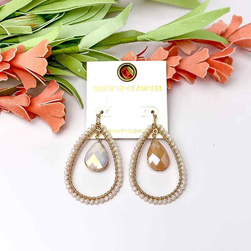 Mystic eye earrings-Ivory Stone Inside Open Beaded Teardrop Earrings with Gold Tone Outline